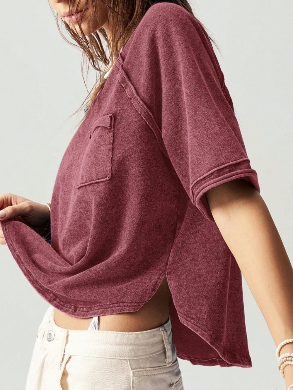 Burgundy Casual Boho Women's Knitted Crew Neck Raglan Short Sleeve Loose T-Shirt - Picture 4 of 8